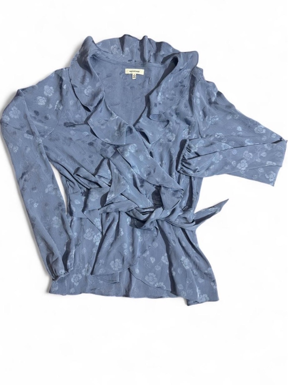Max Studio Dusty Blue Floral Ruffle Wrap Top